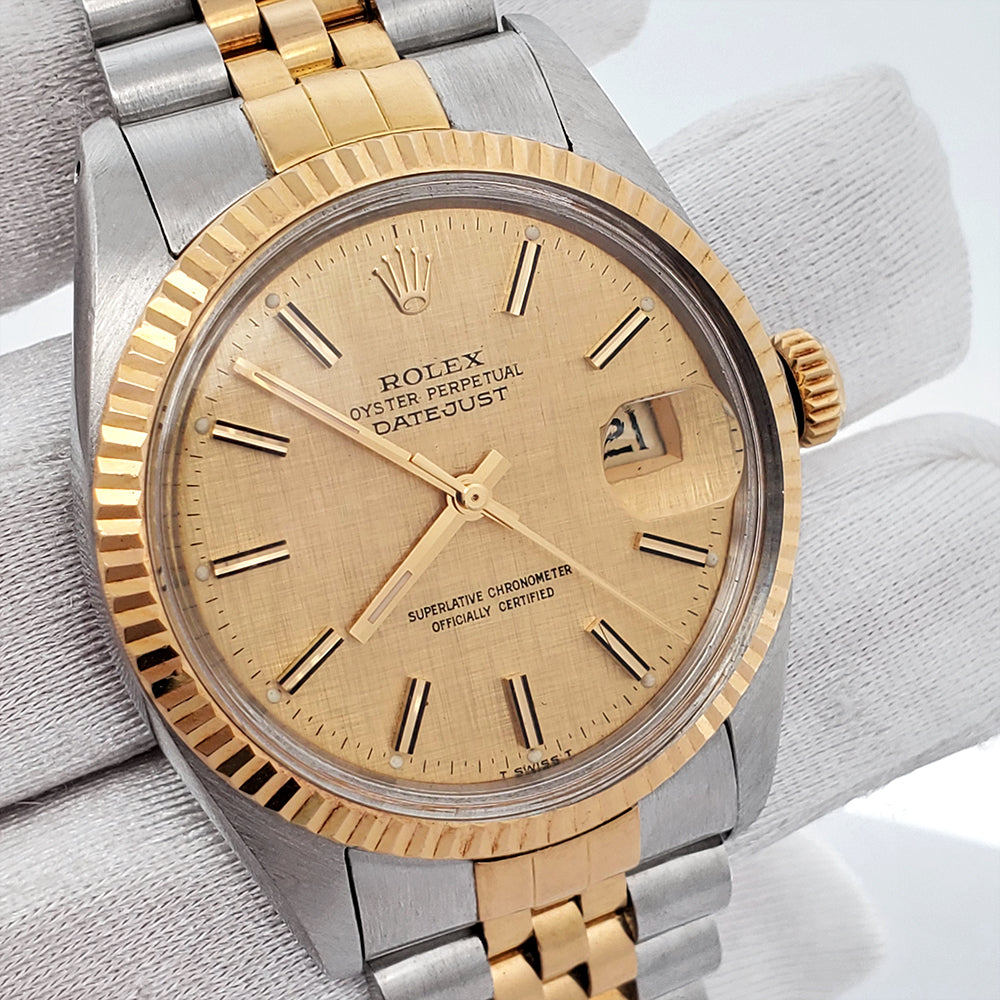 Rolex Datejust 36mm Champagne Linen Dial Fluted Yellow Gold/Steel Watch 16013