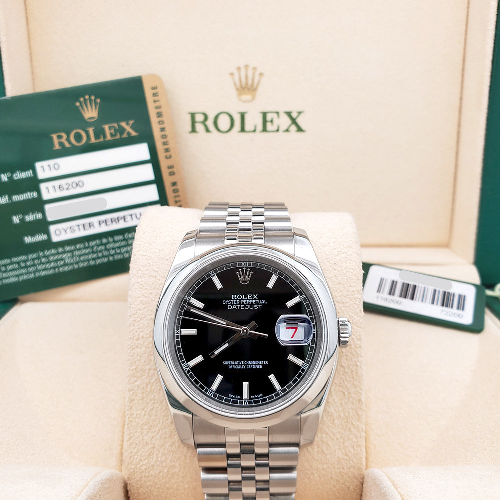Rolex Datejust 36mm Black Index Dial Steel Jubilee Watch 116200 Box Papers