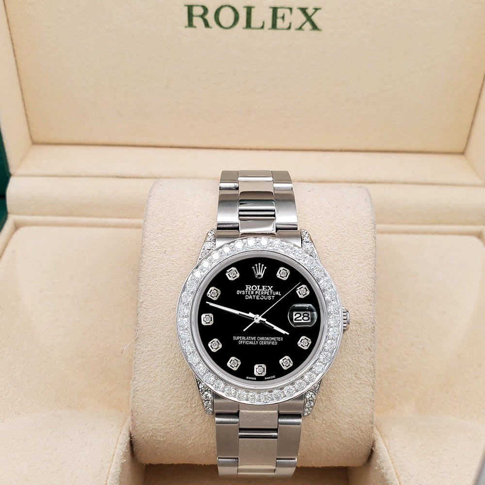 Rolex Datejust Midsize 31mm 2.1ct Diamond Bezel/Lugs/Black Dial Steel Oyster Watch