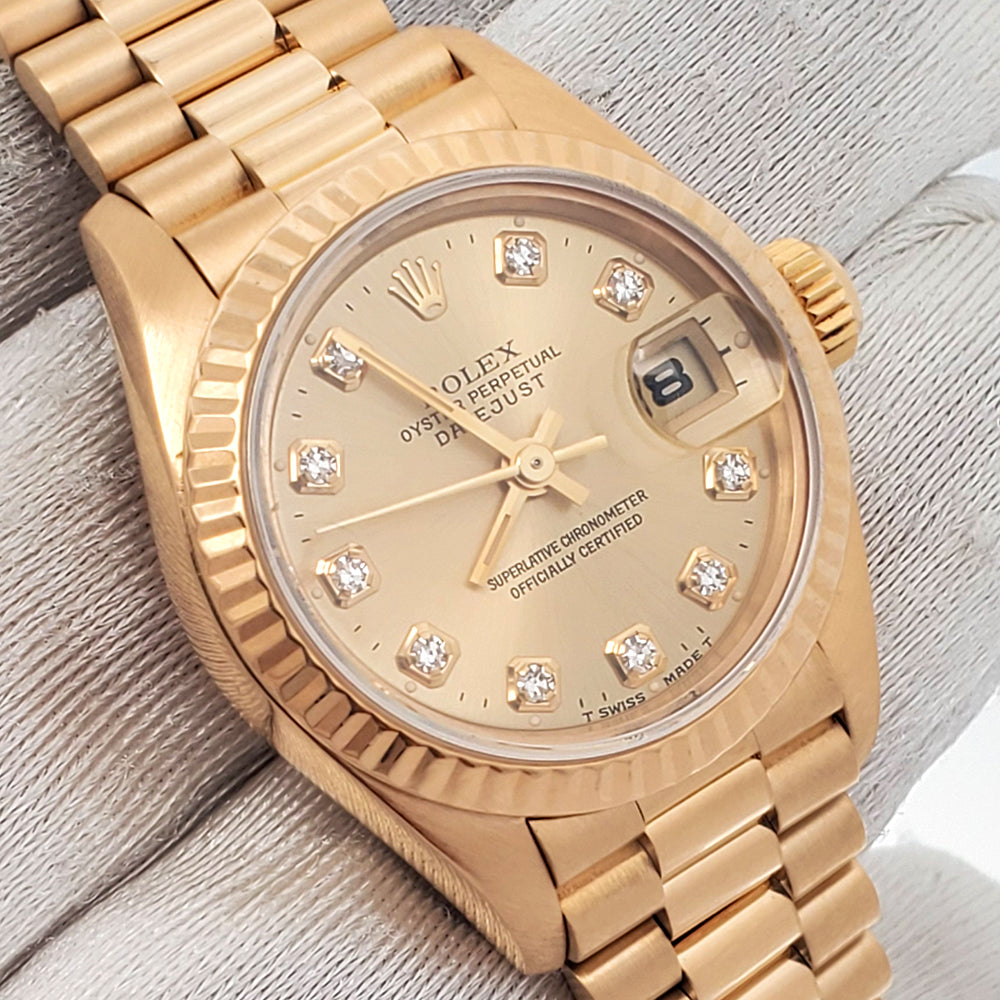 Rolex President Ladies 26mm Factory Champagne Diamond Dial Yellow Gold Watch 69178 Box Papers