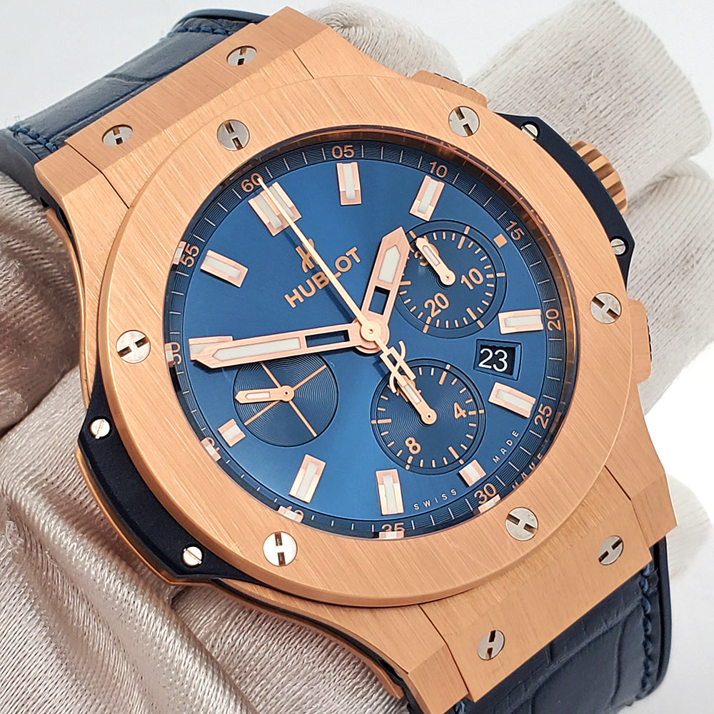 Hublot Big Bang Chronograph 44mm Blue Rose Gold Watch 301.PX.7180.LR Box Papers