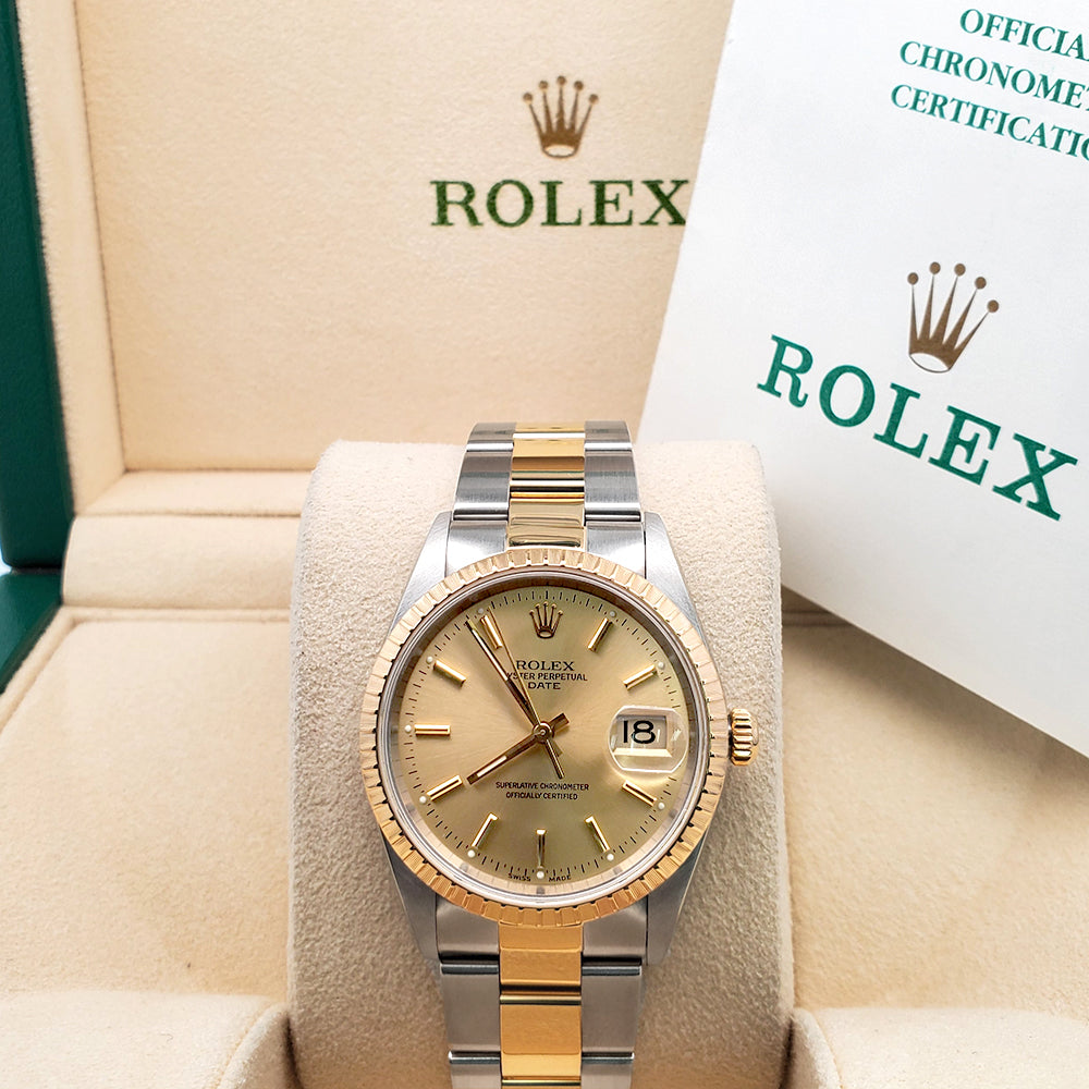 Rolex Date 34mm 2-Tone Yellow Gold/Steel Champagne Dial Oyster 15223 Watch Box Papers