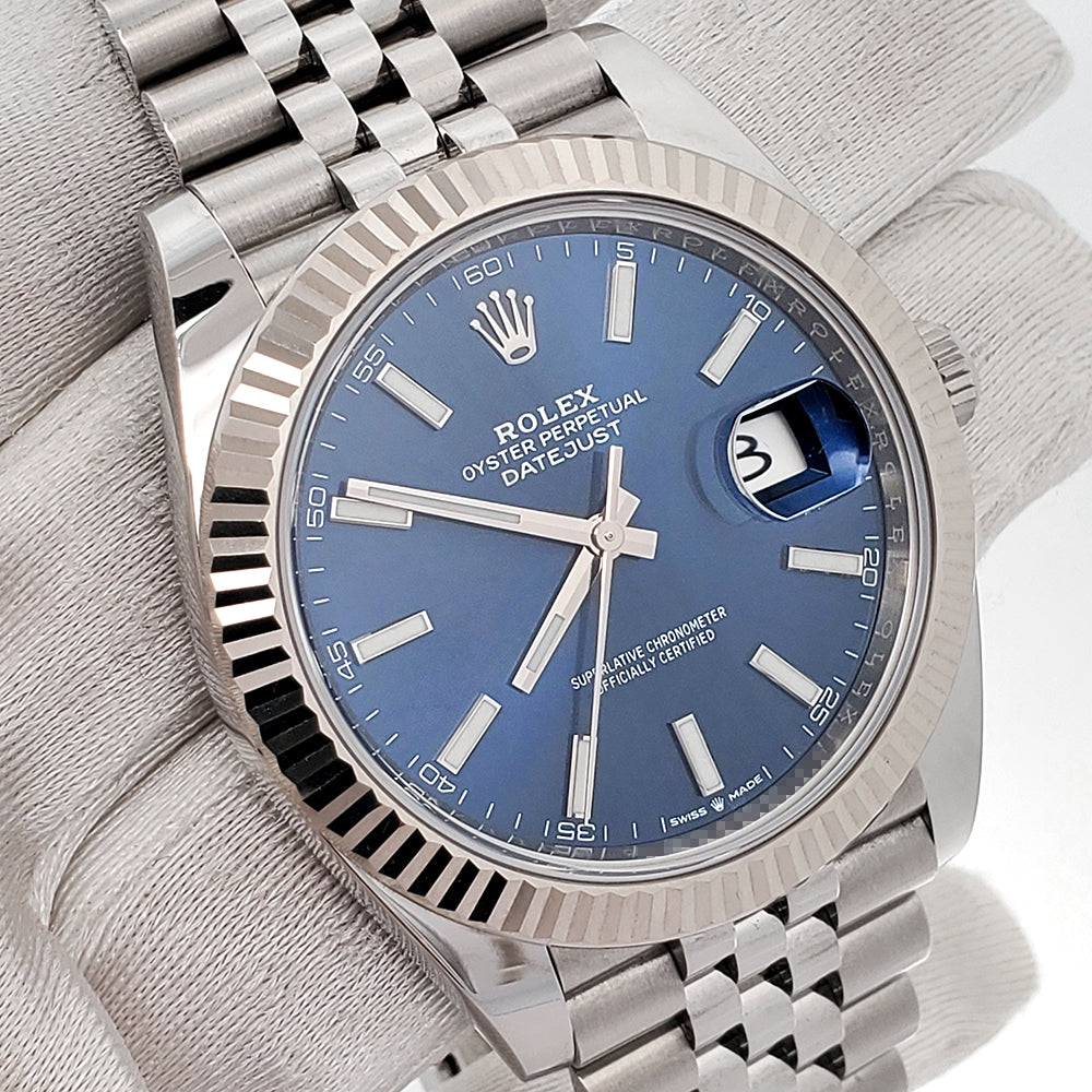 Rolex Datejust 41 Blue Index Dial White Gold Fluted Bezel Steel Jubilee Watch 126334 Box Papers