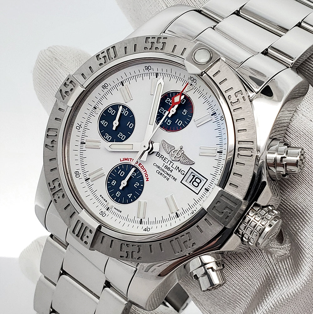 Breitling Avenger II Chronograph Limited Edition 43mm White Dial Steel Watch A13381 Box Papers