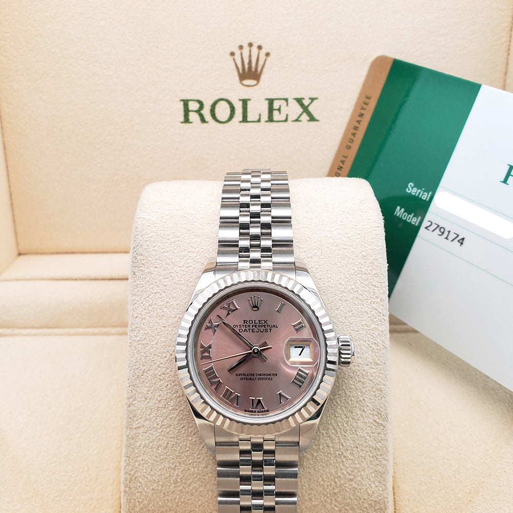 Rolex Datejust 28mm White Gold Bezel Pink Roman Dial Ladies Steel Jubilee Watch 279174 Box Papers
