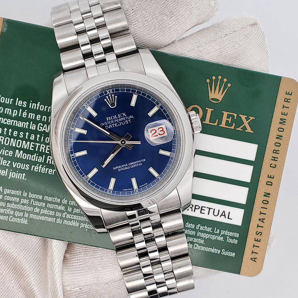 Rolex Datejust 36mm Blue Stick Dial Stainless Steel Oyster Watch 116200 Box Papers