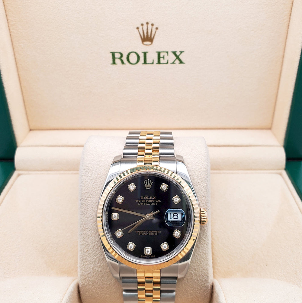 Rolex Datejust 36mm Factory Black Diamond 2-Tone Yellow Gold/Steel Jubilee Watch 116233