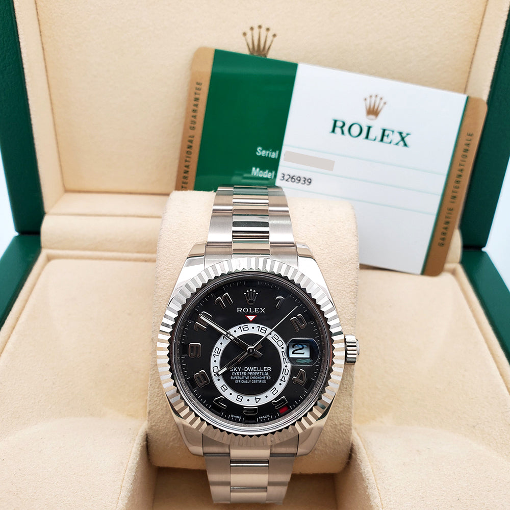 Rolex Sky-Dweller 42mm Black Arabic Dial White Gold Oyster Watch 326939 Box Papers