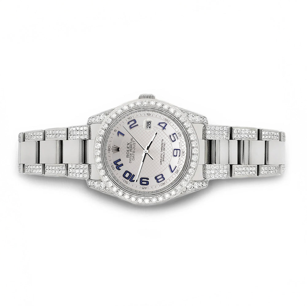 Rolex Datejust 36mm 5.9ct Diamond Bezel/Lugs/Bracelet/Silver Decorated Blue Arabic Dial Steel Watch 116200 Box Papers