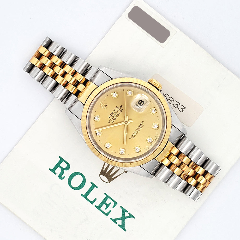 1995 Rolex Datejust Factory Champagne Diamond Dial 36mm 16233 Yellow Gold/Steel Watch Papers