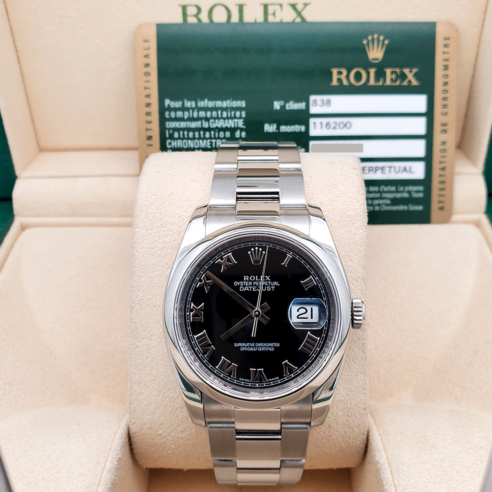 Rolex Datejust 36mm Black Roman Dial Stainless Steel Oyster Watch 116200 Box Papers