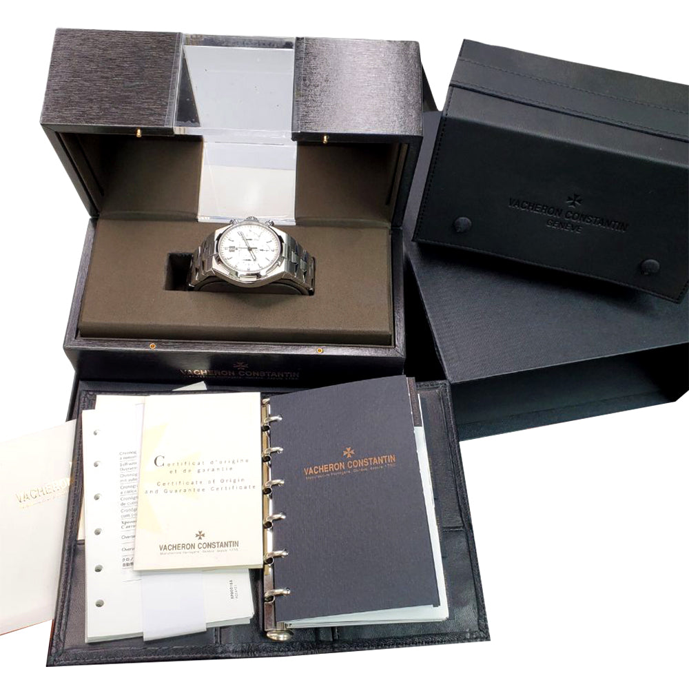 Vacheron Constantin Overseas 42mm Silver Dial Chronograph Steel Watch 49150 Box Papers