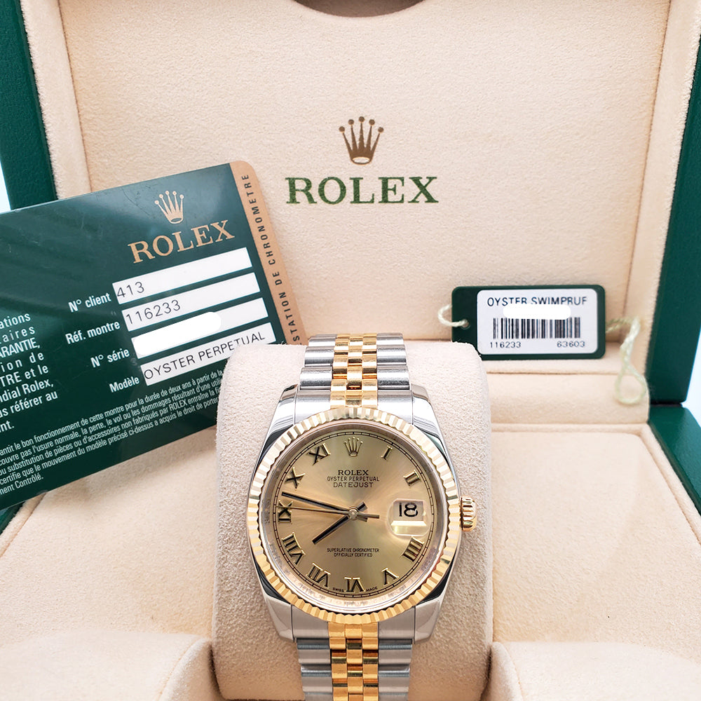 Rolex Datejust 36mm 116233 2-Tone Champagne Roman Dial Jubilee Watch Box/Papers/Tag
