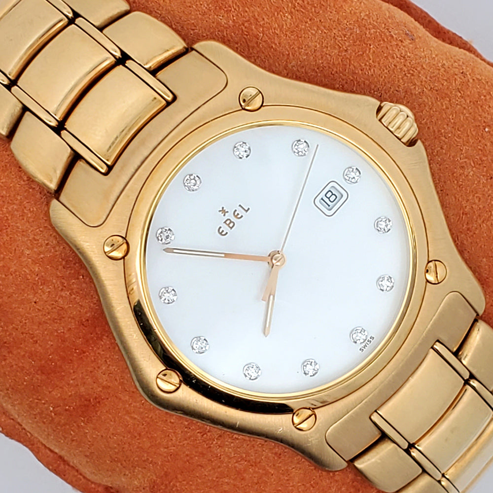 Ebel Factory White Mother of Pearl Diamond Dial 18k Yellow Gold Quartz 1911 37mm Watch 887902