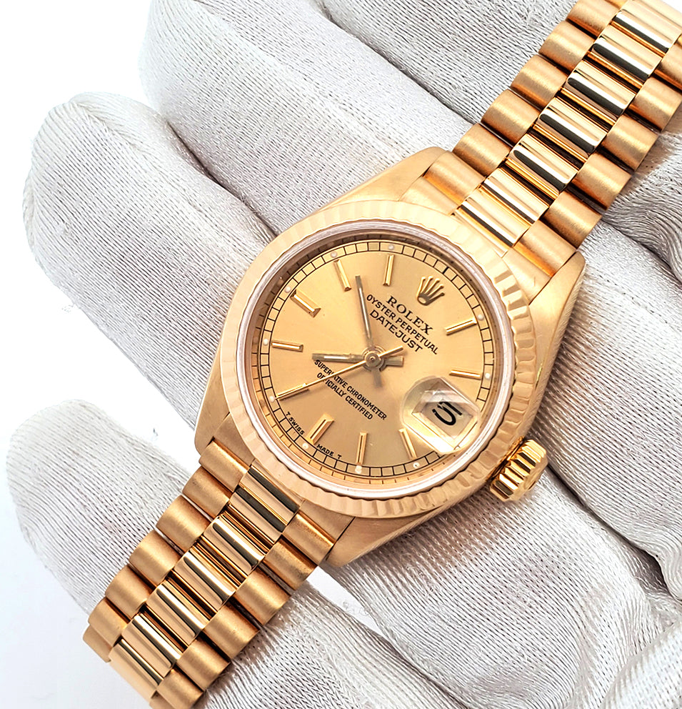 Rolex President Ladies 26mm Champagne Index Yellow Gold Watch 69178 Service Papers