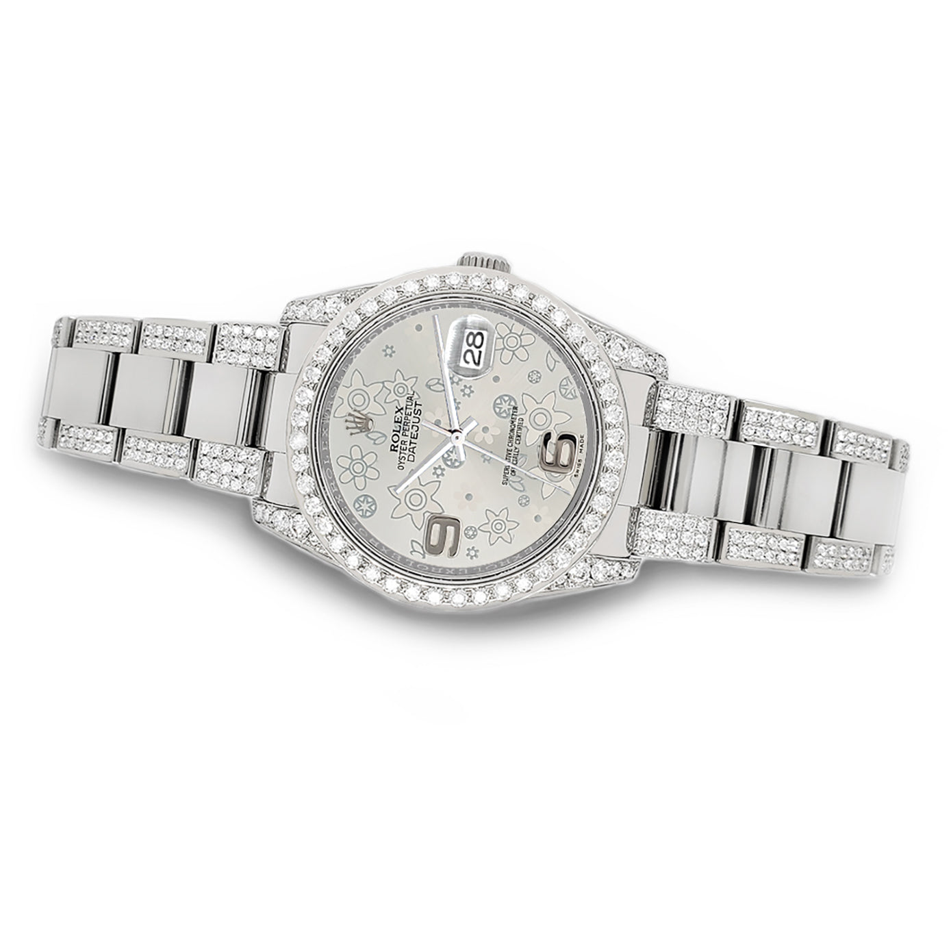 Rolex Datejust 36mm 5.9ct Diamond Bezel/Lugs/Bracelet/Silver Floral Dial Steel Watch 116200 Box Papers