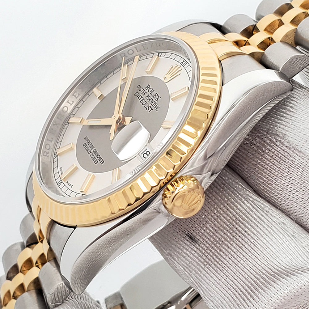 Rolex Datejust 36mm Silver Tuxedo 2-tone Yellow Gold/Steel 116233 Jubilee Watch Box/Apr