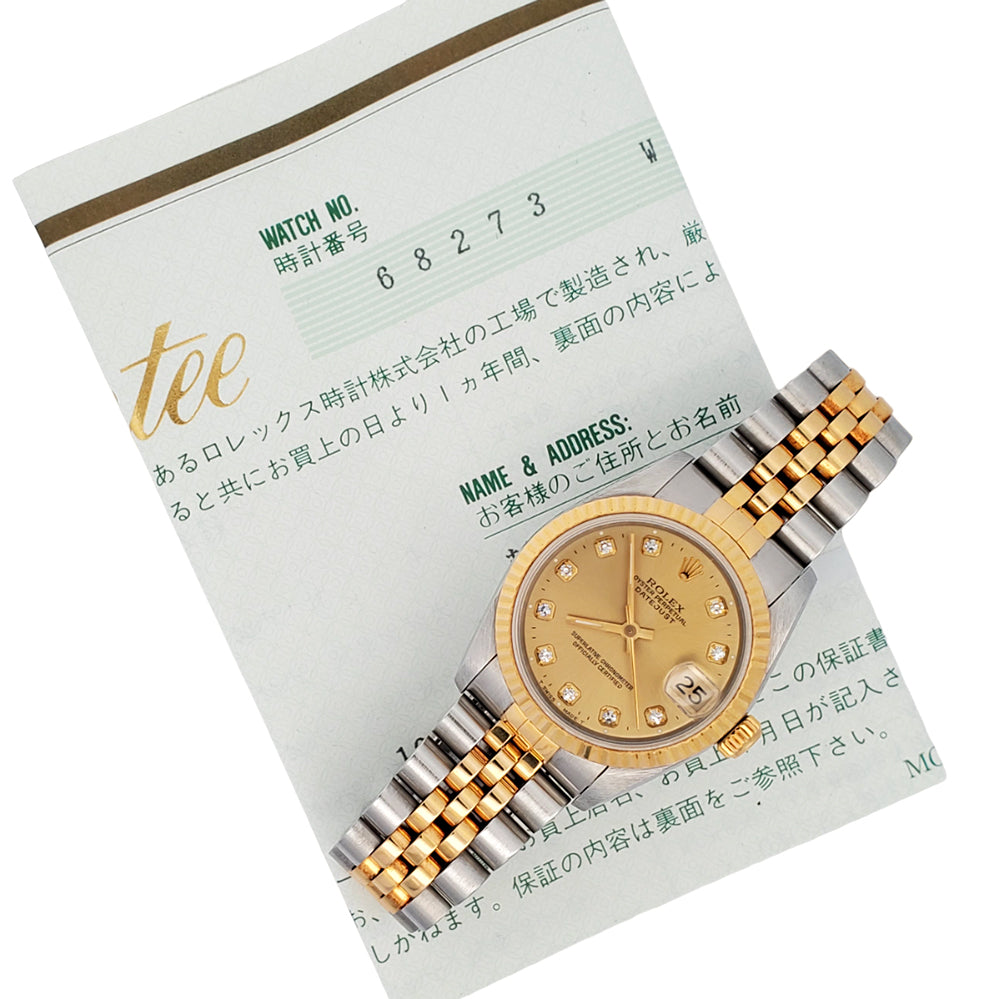 Rolex Datejust 31mm Factory Champagne Diamond Dial Yellow Gold/Stainless Steel Watch 68273 Box Papers