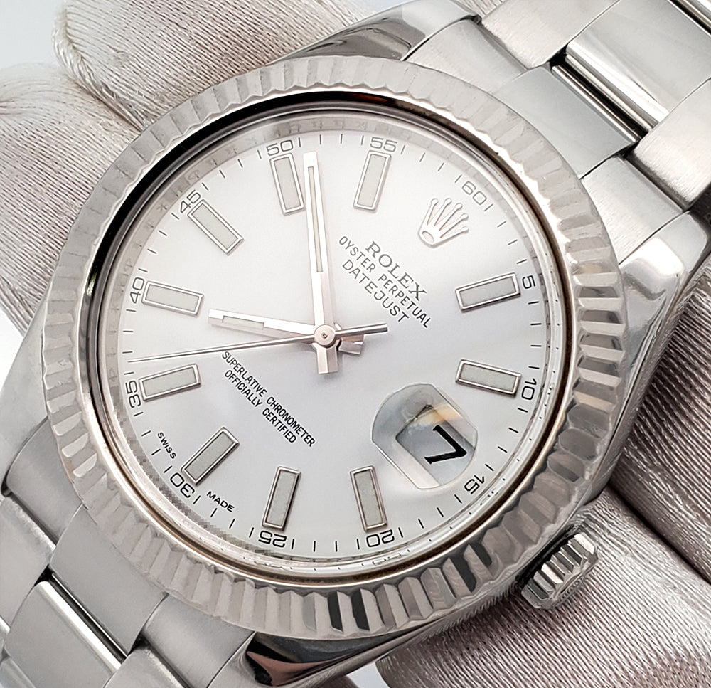 Rolex Datejust II 41mm 116334 White Index White Gold Fluted Bezel Steel Watch Box Papers