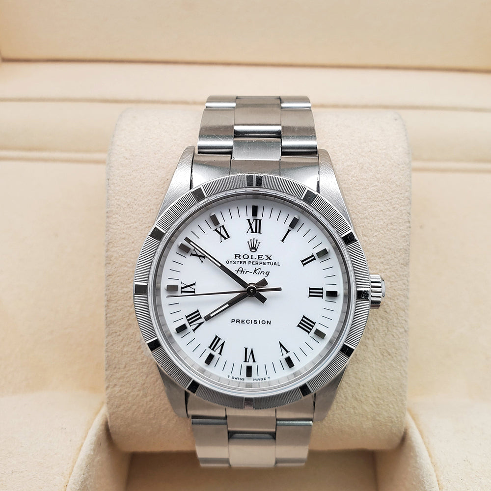 Rolex Air-King 34mm 14010 White Roman Dial Engine Turned Bezel Steel Oyster Watch