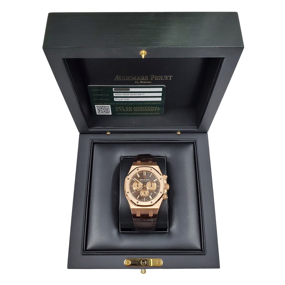 Audemars Piguet Royal Rose Gold Royal Oak Chronograph Brown Alligator Strap 41mm Watch 26331OR.OO.D821CR.01 Box Card