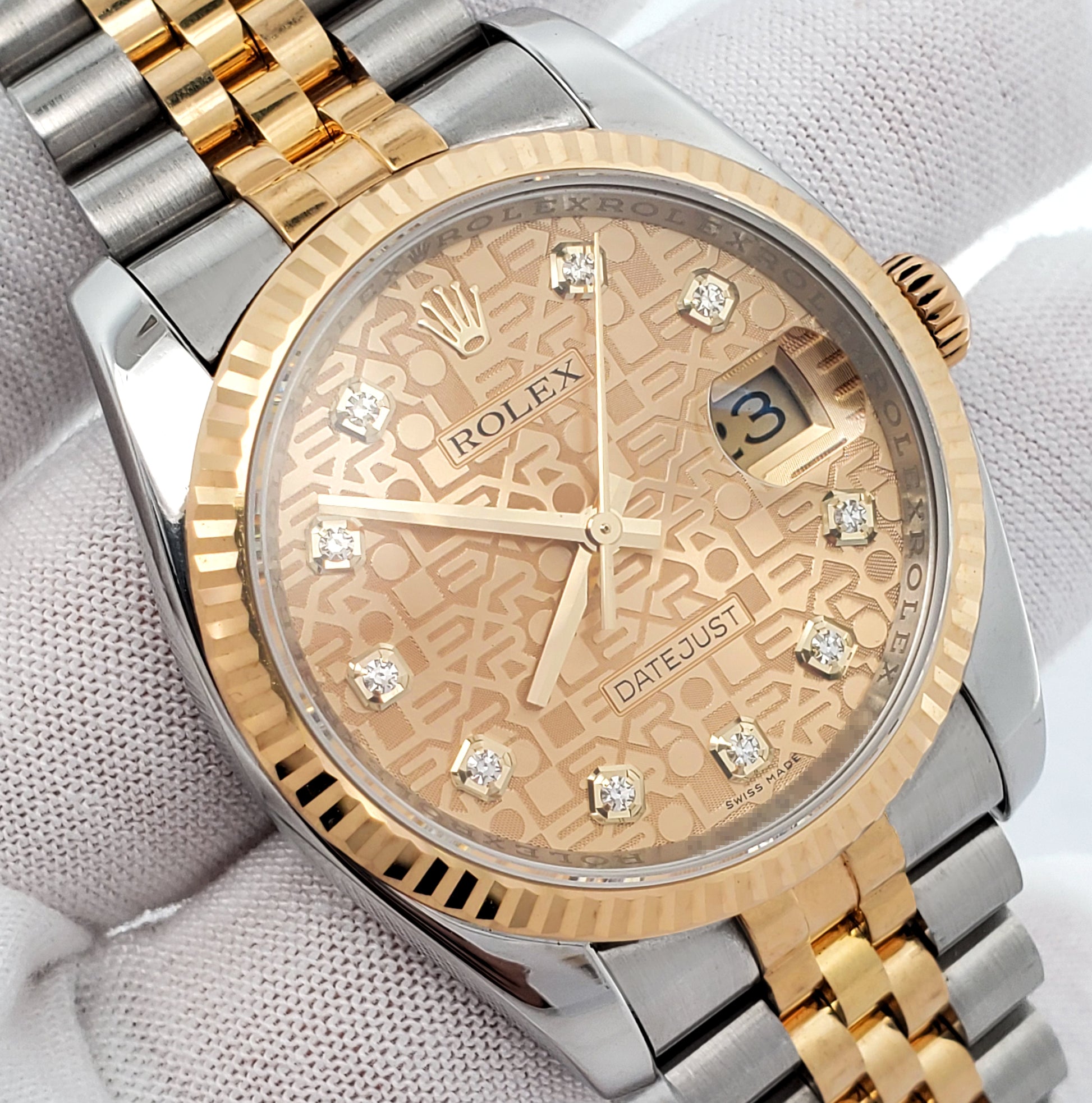 Rolex Datejust 36mm 116233 Factory Champagne Jubilee Diamond 2-tone Yellow Gold/Steel Jubilee Watch Box Papers