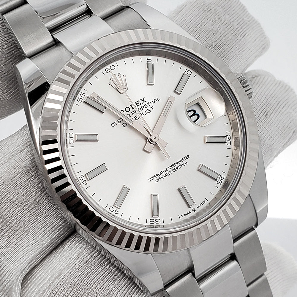 2023 Rolex Datejust 41 Silver Index White Gold Fluted Bezel Oyster Steel Watch 126334 Box Papers