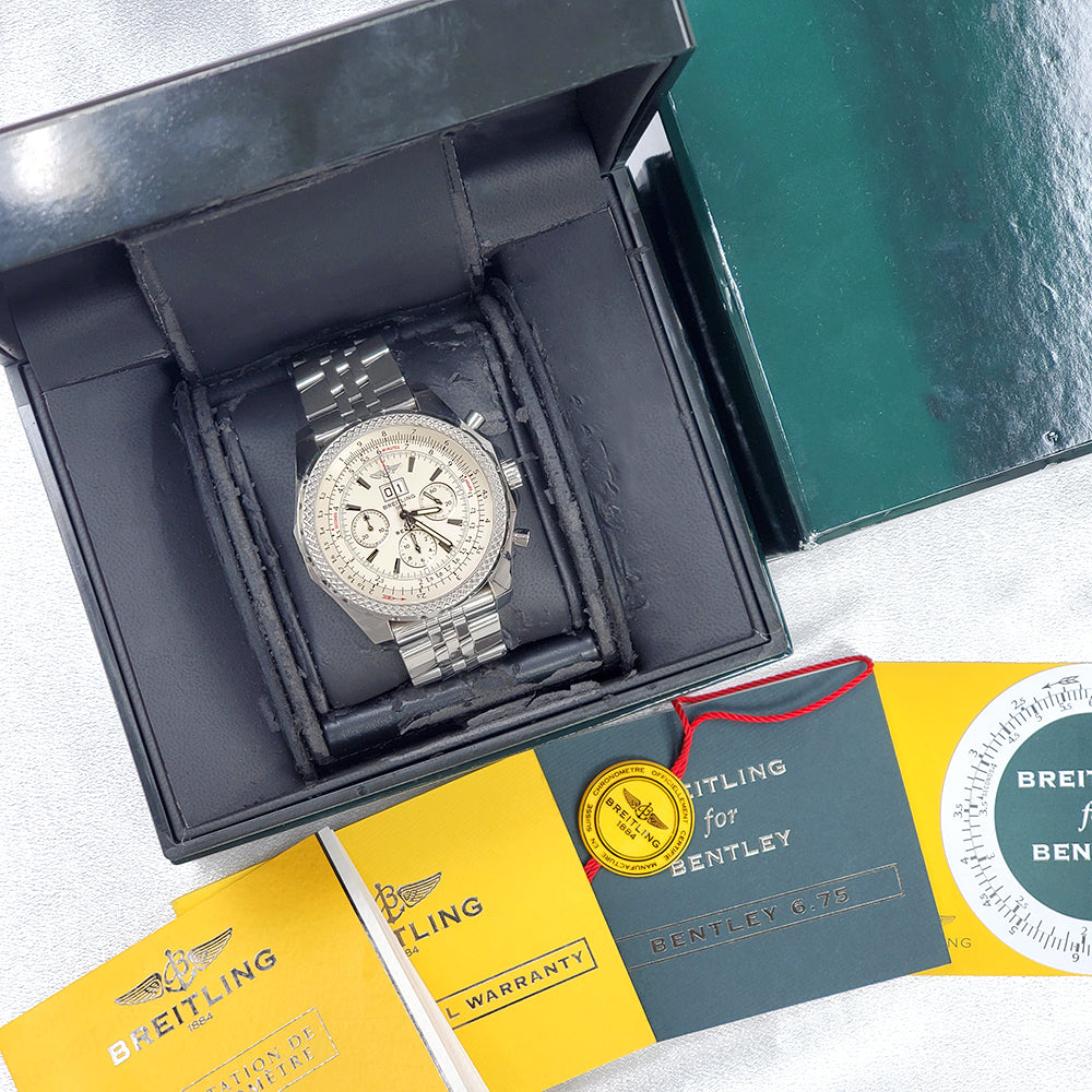 Breitling Bentley 6.75 Chronograph Ivory Dial Big Date 49mm Steel Watch A44362 Box Papers
