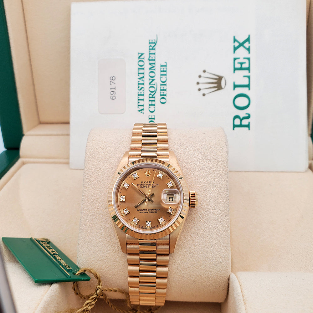 1990 Rolex Datejust President 26mm Factory Champagne Diamond Dial Yellow Gold Watch 69178 Box Papers