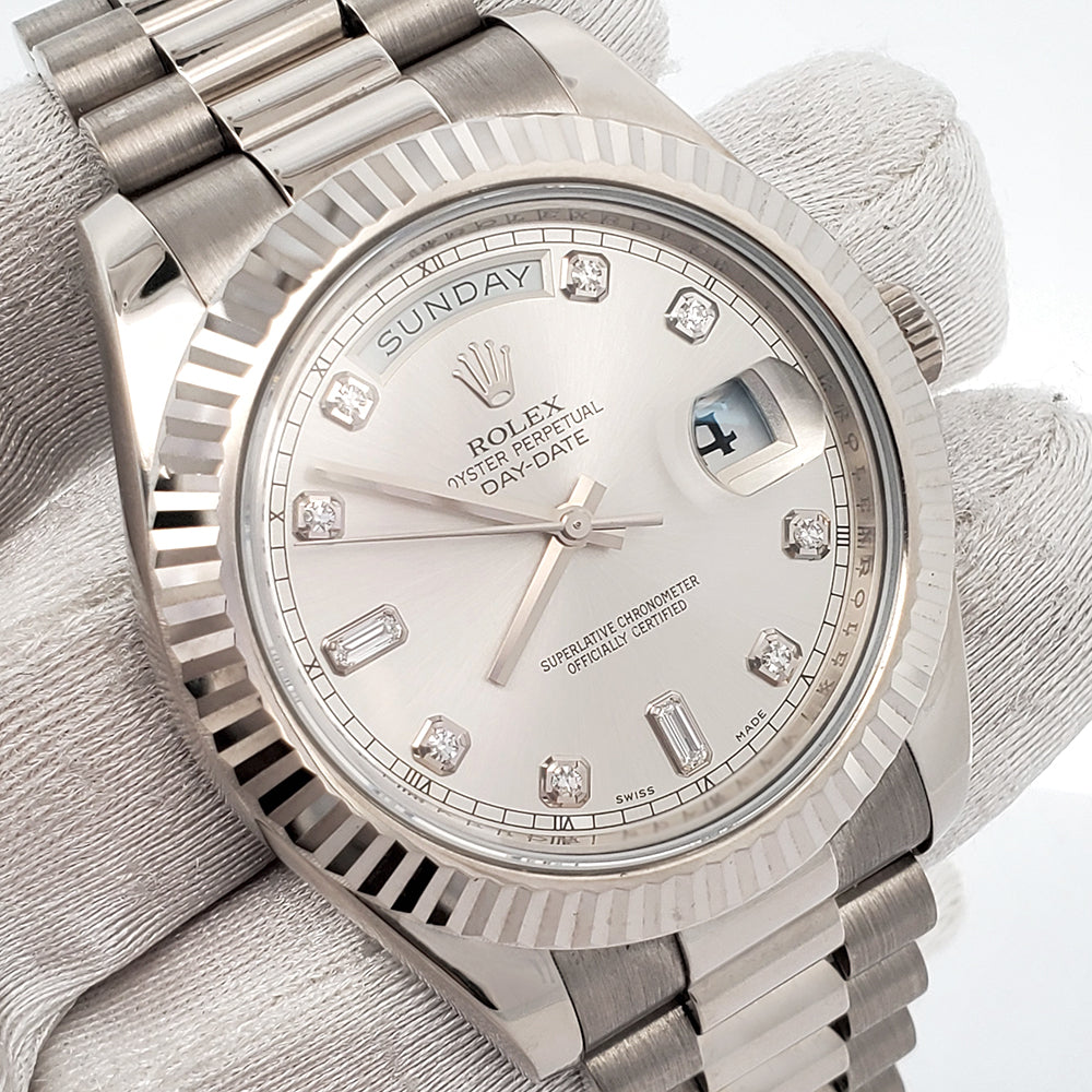 Rolex President Day-Date II 41mm Factory Silver Diamond Dial White Gold Watch 218239 Box Papers