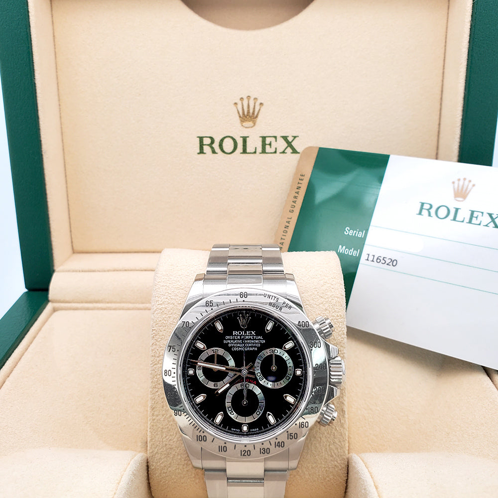 Rolex Cosmograph Daytona Engraved Rehaut 40mm 116520 Black Dial Steel Watch Box Papers
