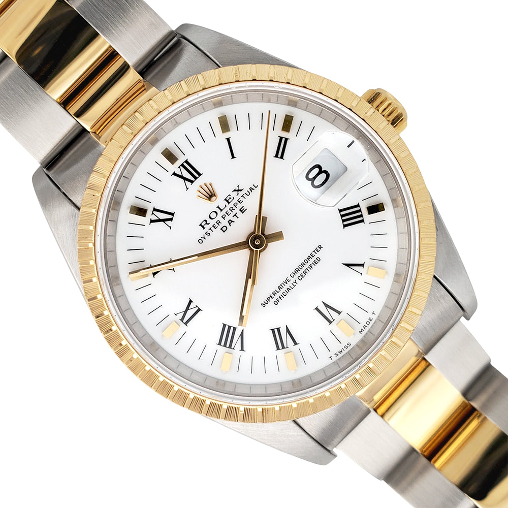 Rolex Date 34mm White Roman Dial 2-Tone Yellow Gold/Steel Oyster 15223 Watch