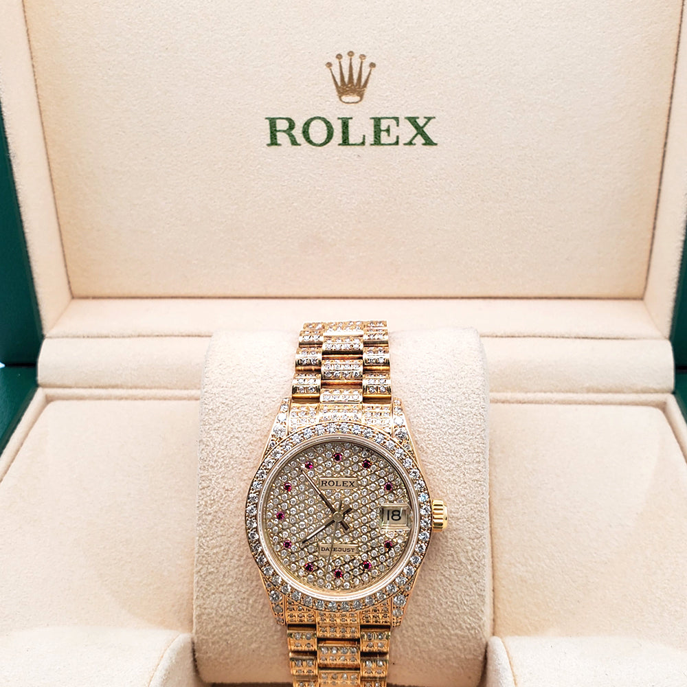 Rolex President Datejust Midsize 31mm Custom 7.2ct Full Pave Diamond Yellow Gold Watch 68288