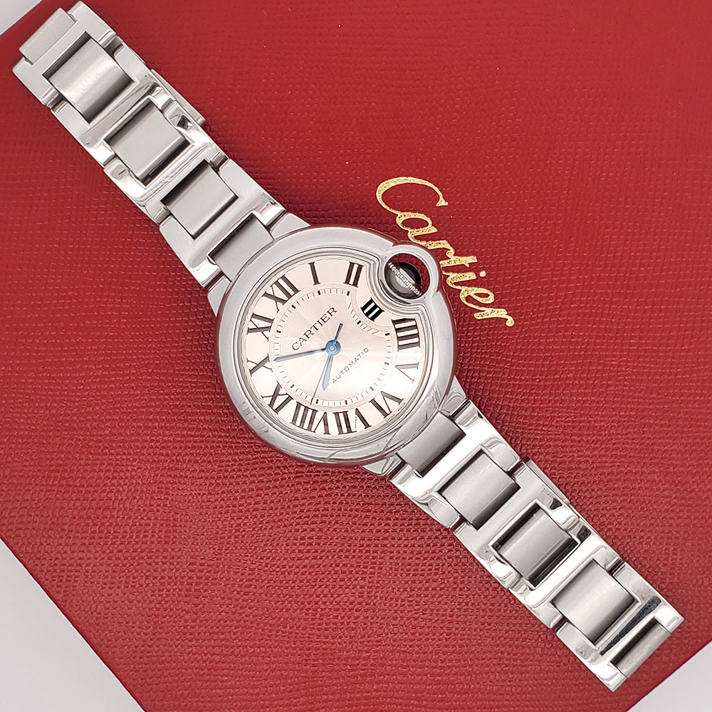 Cartier Ballon Bleu 33mm Silver Roman Dial Stainless Steel Watch W6920071 3489 Papers