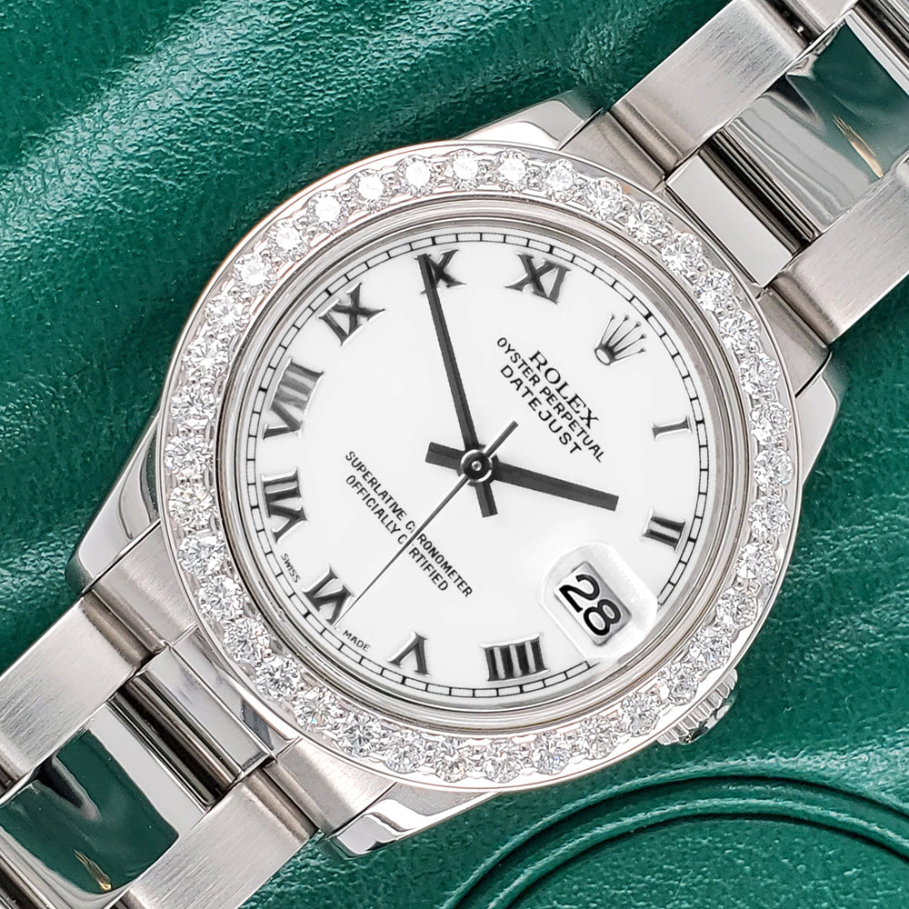 Rolex Datejust Midsize 31mm White Roman Dial 1.62ct Diamond Bezel Steel Watch