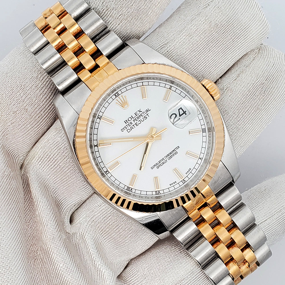 Shop Rolex Datejust 36mm 2 Tone White Index Dial Watch 116233