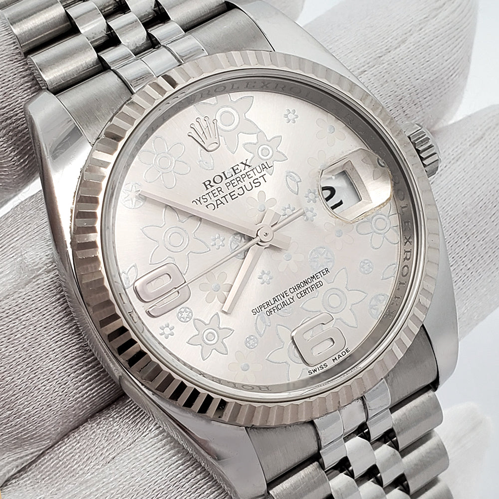 Rolex Datejust 36mm Silver Floral White Gold Fluted Bezel Steel Jubilee Watch 116234 Box Papers