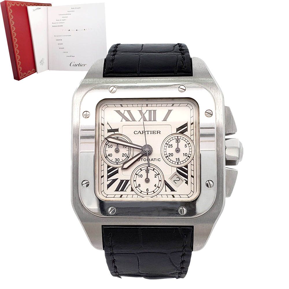 Cartier Santos 100 XL Chronograph White Roman Dial Stainless Steel Watch W20090X8 2740 Papers