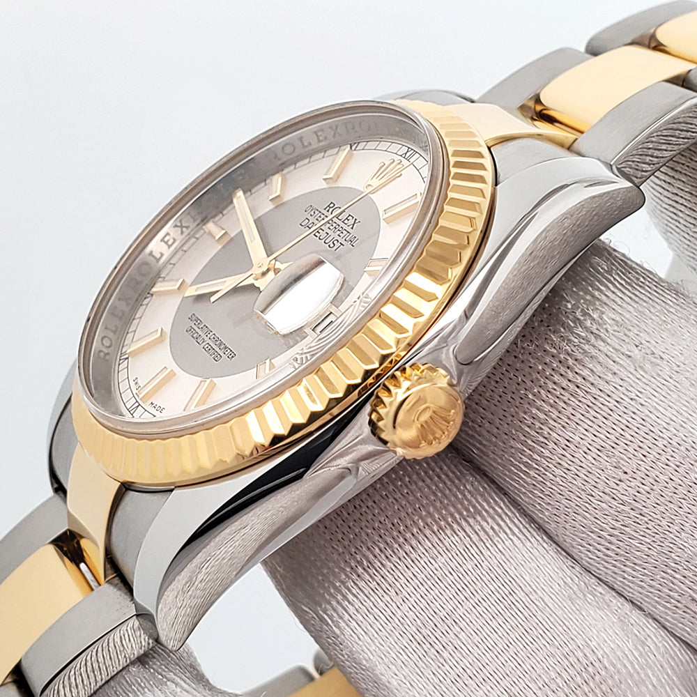 Rolex Datejust 36mm Silver Tuxedo 2-tone Yellow Gold/Steel 116233 Oyster Watch Box Papers