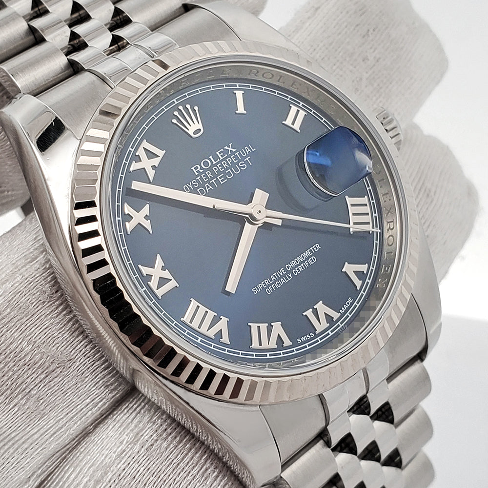 Rolex Datejust 36mm Blue Roman White Gold Fluted Bezel Steel Jubilee Watch 116234 Box Papers