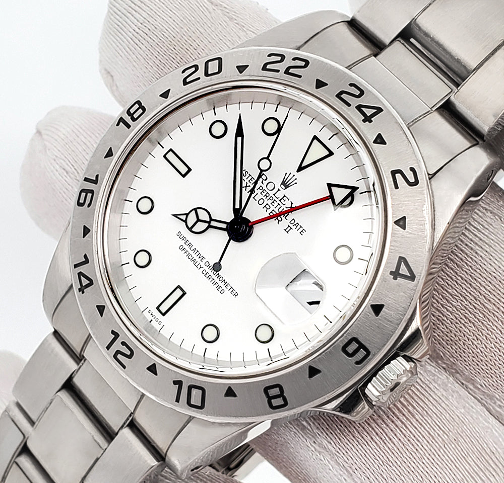 Stickered Rolex Explorer II 40mm Polar White Steel Oyster Watch 16570 Box Papers