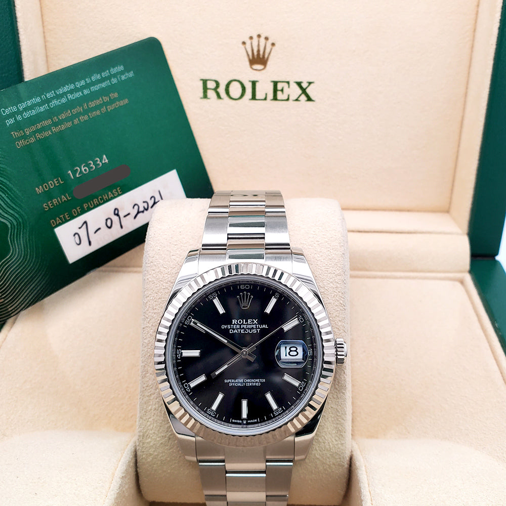 2021 Rolex Datejust 41 Black Index Dial White Gold Fluted Bezel Steel Oyster Watch 126334 Box Papers