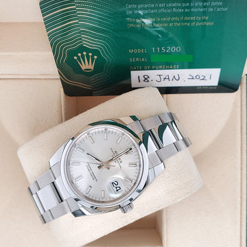 Rolex Oyster Perpetual Date 34mm 115200 Silver Dial Stainless Steel Oyster Watch 2021 Box Papers