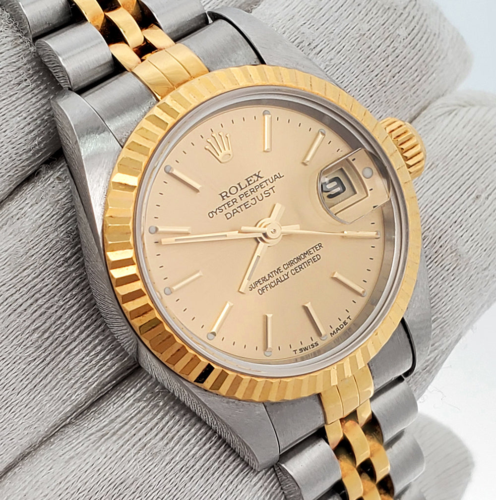 Rolex Datejust 26mm Champagne Index Dial 2-Tone Yellow Gold Fluted Jubilee Watch 79173