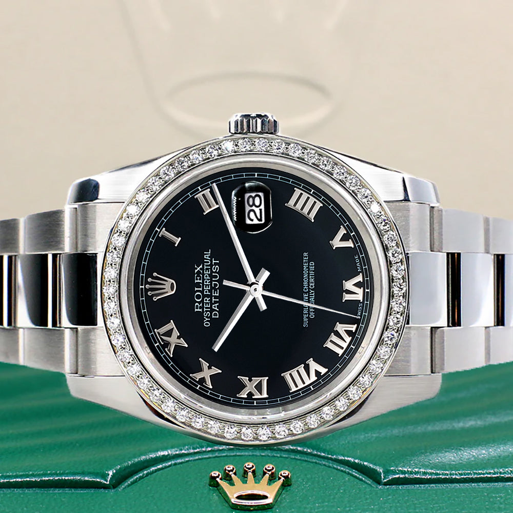 Rolex Datejust 36mm Black Roman Dial Oyster Watch with custom VS1 Diamond Bezel 116200