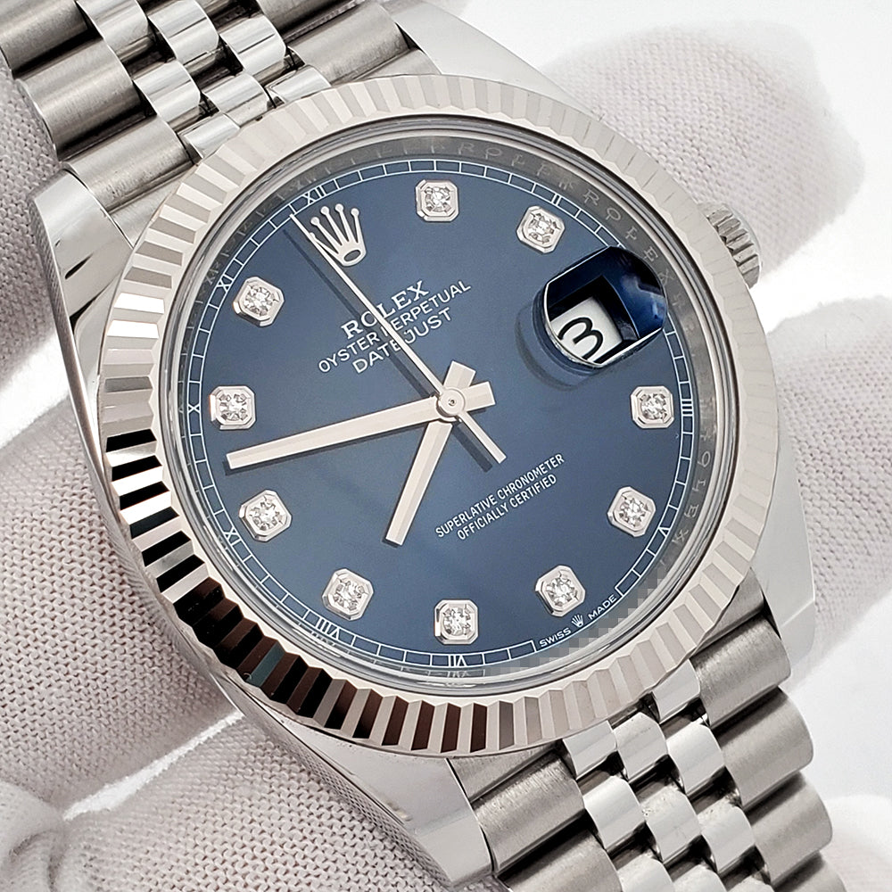 2021 Rolex Datejust 41 126334 Factory Diamond Blue Fluted Bezel Jubilee Steel Watch Box Papers