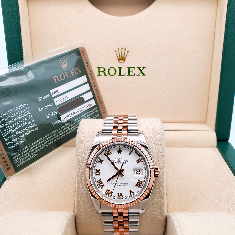 Rolex Datejust White Roman Dial 2-Tone Rose Gold/Steel Jubilee 116231 36mm Watch Box Papers