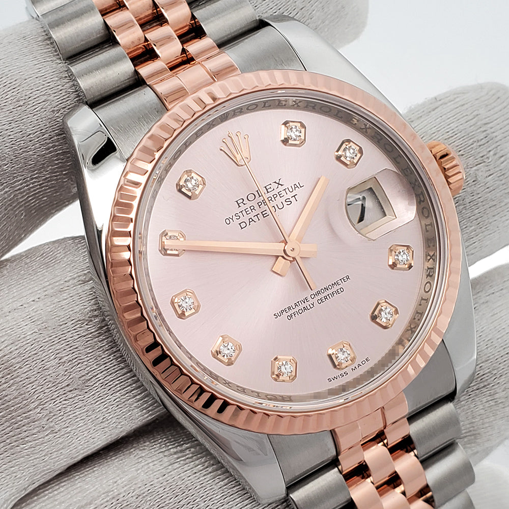 Rolex Datejust 36mm 116231 Factory Pink Diamond Dial 2-Tone Rose Gold Fluted Jubilee Watch