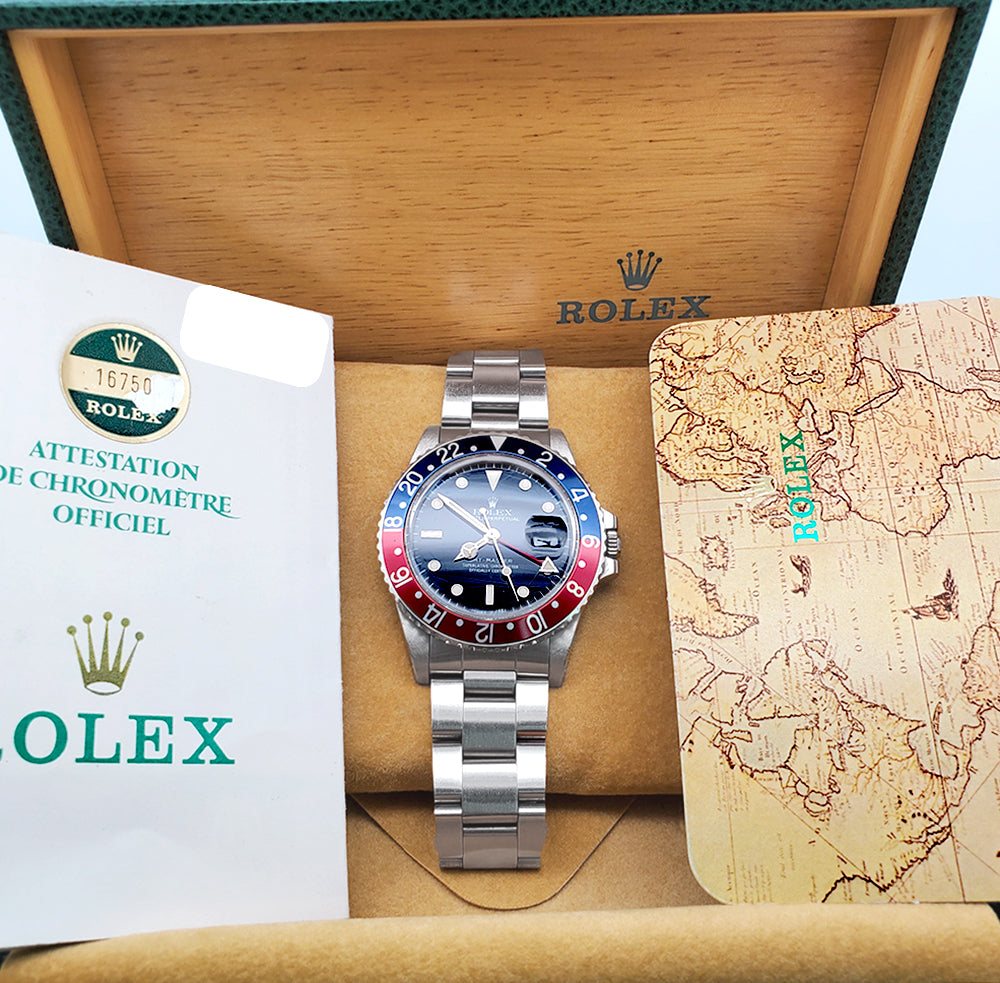 Unpolished 1985 Rolex GMT Master Pepsi Bezel Vintage Spider Dial Steel Oyster 40mm 16750 Watch Box Papers