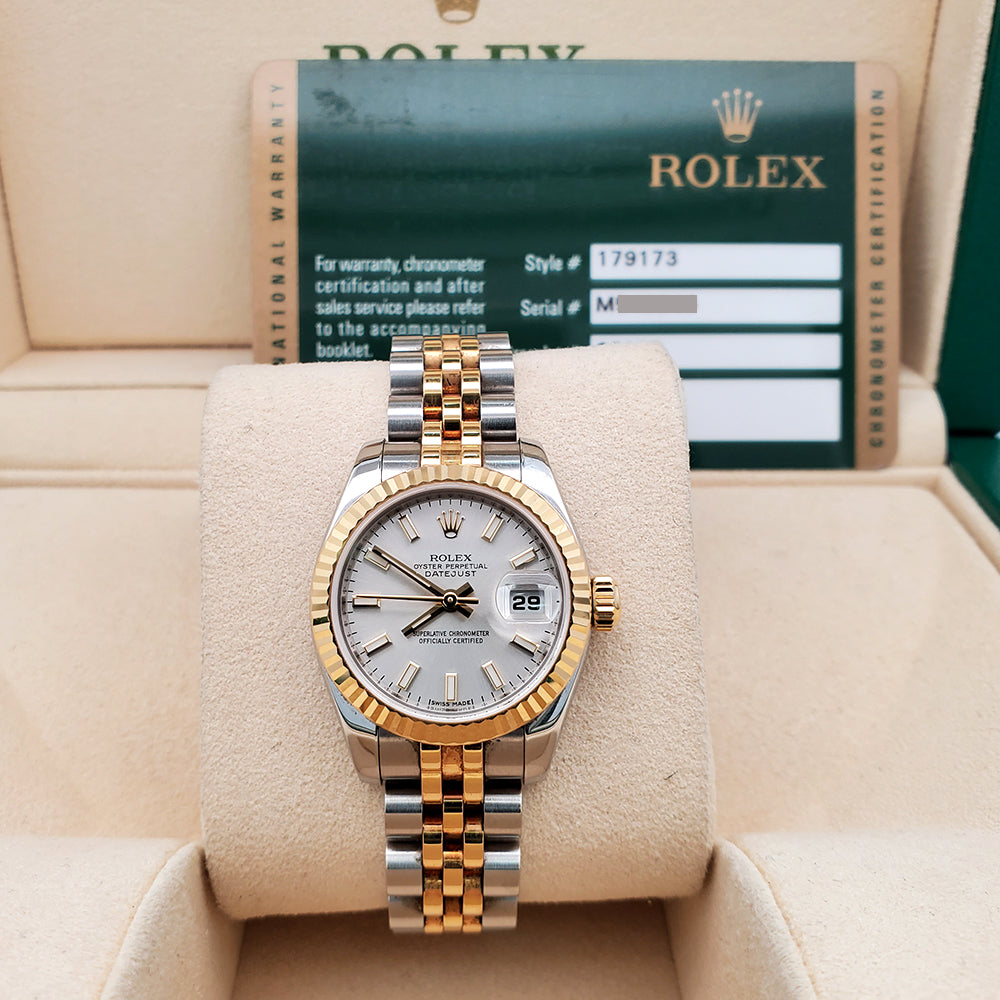 Rolex Datejust 26mm 179173 Silver Index Dial Yellow Gold Fluted Bezel Watch Box Papers